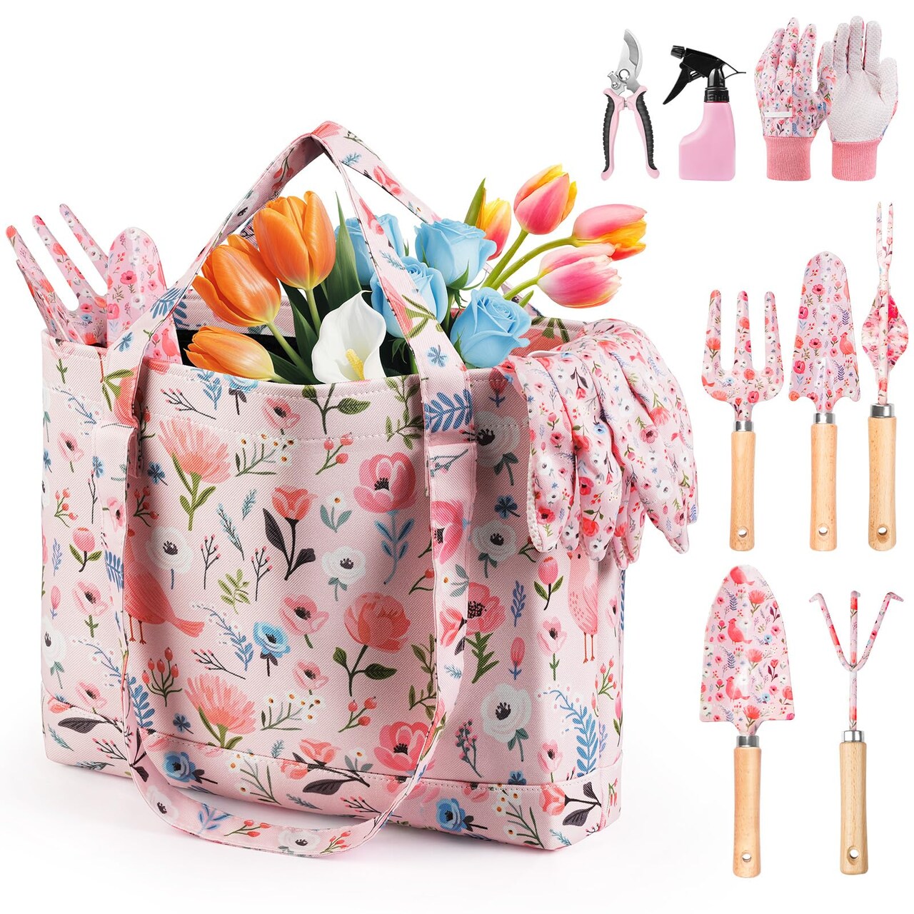 Gardening Tools, 10-Piece Gardening Gift Set for Women, Rust-Proof & Heavy-Duty Tools with Floral Organizer Bag, Fashionable & Thoughtful Gift for Garden Women (Pink)